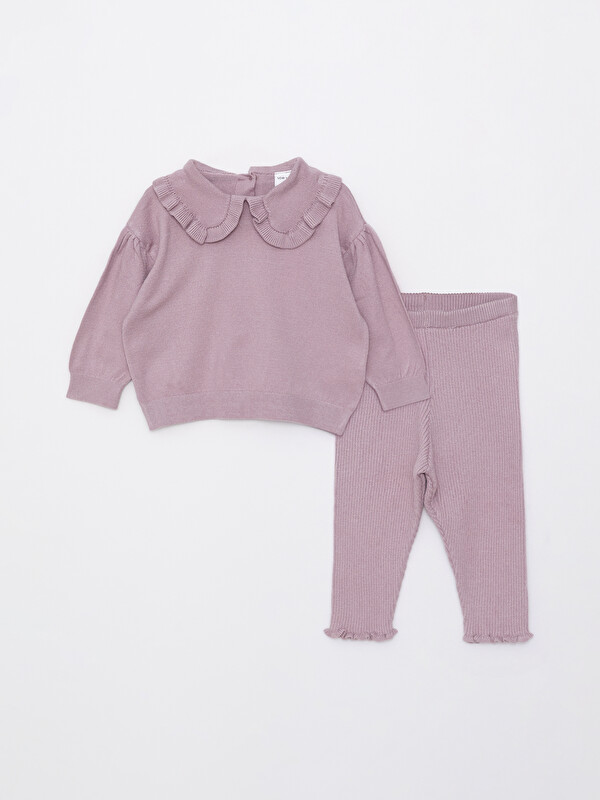 LCW baby Bebe Collar Long Sleeve Basic Baby Girl Tricot Sweater and Trousers 2-Pack Set