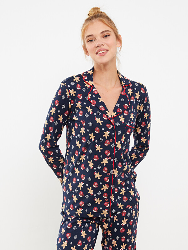 LCW DREAM Gömlek Yaka Yılbaşı Temalı Uzun Kollu Pamuklu Kadın Pijama Takımı