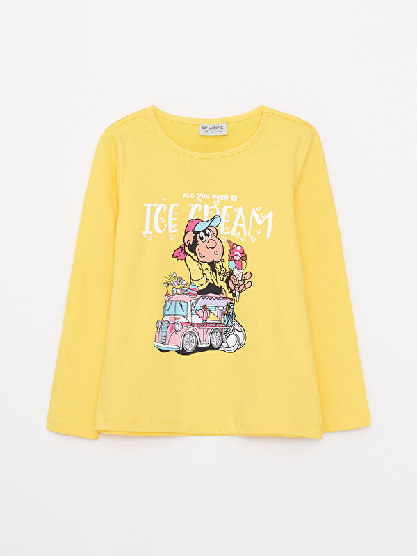 LCW ECO Crew Neck Nostalgic Monkey Printed Long Sleeve Cotton Girl T-shirt