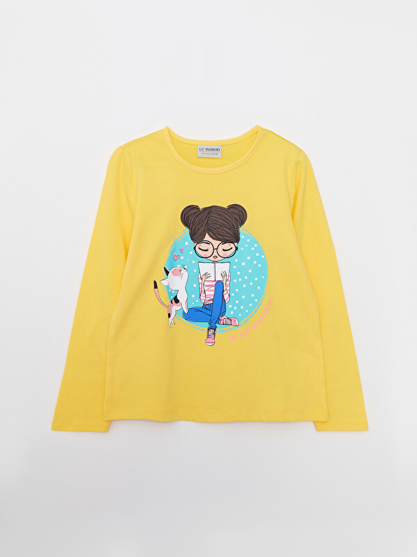 LCW ECO Crew Neck Printed Long Sleeve Cotton Girl T-shirt