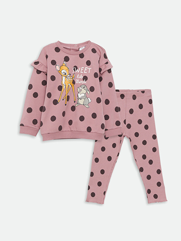 LCW baby Crew Neck Long Sleeve Bambi Printed Baby Girls' Sweatshirt and Tights 2 Pack Set
