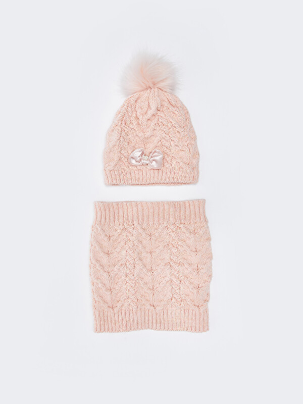 LCW ACCESSORIES Қылшықты помпон бантик қыз тоқылған шапка және мойын жағасы