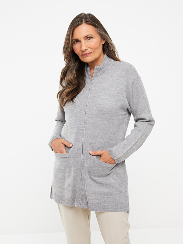 LCW Grace Cardigan en Tricot à Manches Longues Uni à Col Cheminée pour Femmes