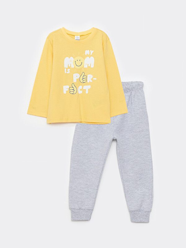 LCW baby Crew Neck Long Sleeve Printed Baby Boys' T-Shirt and Tracksuit Bottom 2 Pack Set