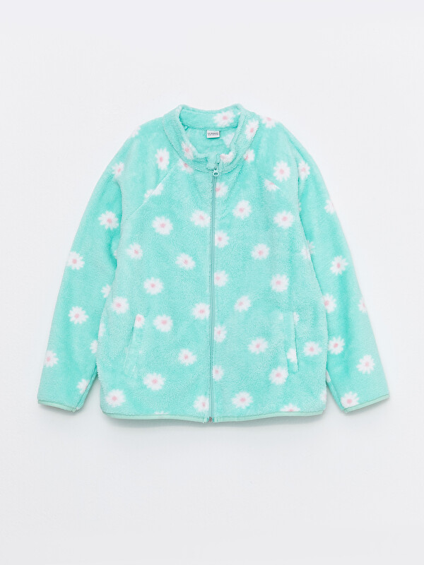 LCW Kids Turtle Neck Patterned Long Sleeve Plush Girl Zippered Sweatshirt