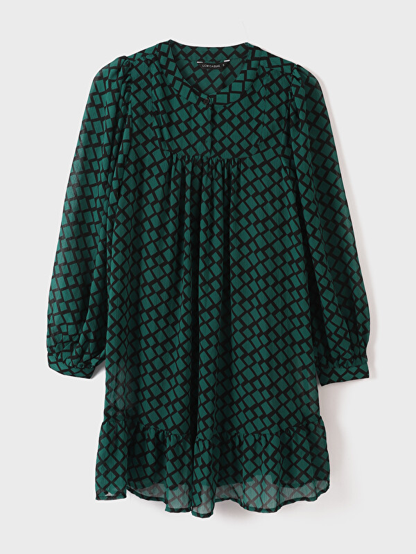 LCW Vision Grandad Collar Patterned Long Sleeve Chiffon Women's Dress
