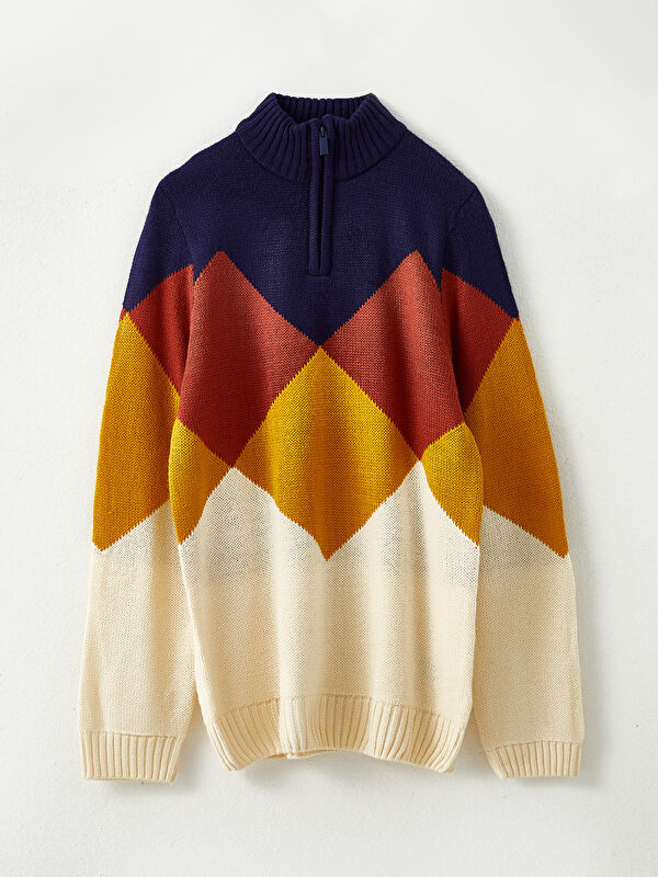 LCW Kids Stand Up Collar Color Block Long Sleeve Boy Knitwear Sweater