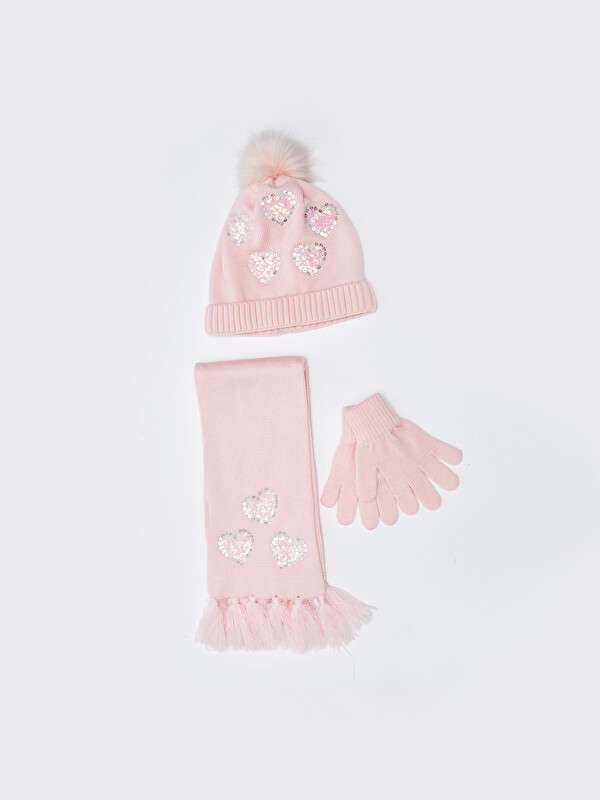 LCW ACCESSORIES Кестеленген жылтыр қыз бала шарф, бини шапкасы және қолғап жиынтығы
