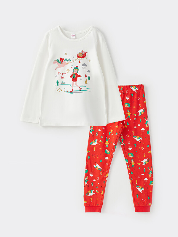 LCW Kids Crew Neck New Year Themed Long Sleeved Girls' Pyjamas Set