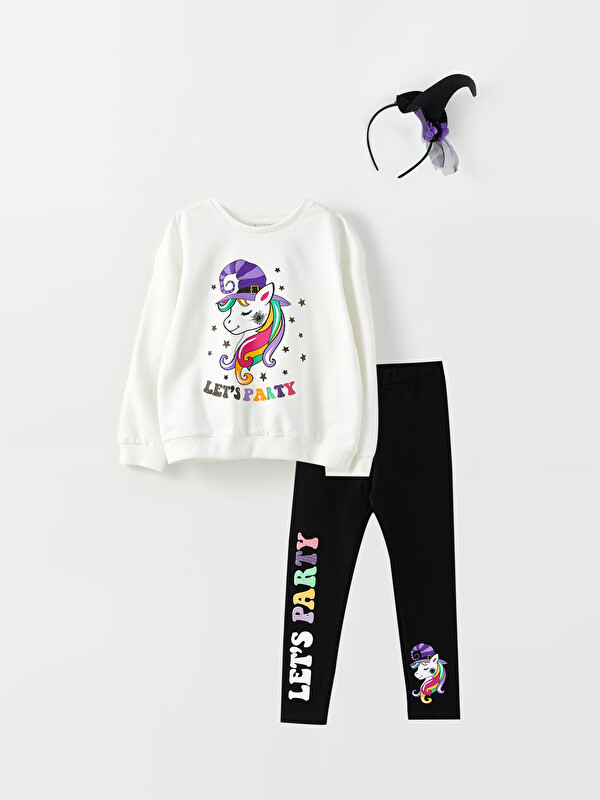 LCW Kids Crew Neck Printed Long Sleeve Girls' Sweatshirt Leggings & Crown