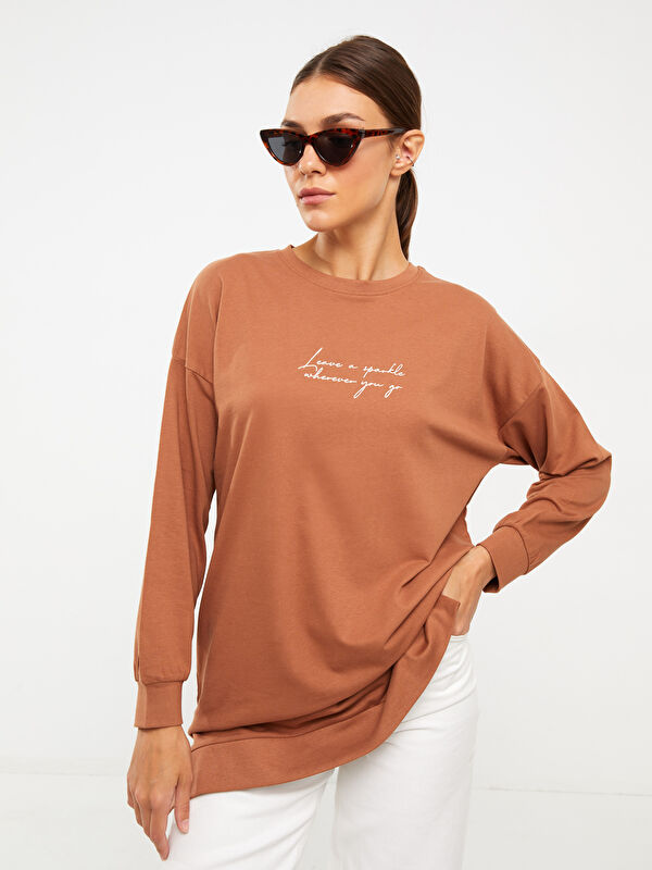 LCW Modest Crew Neck Printed Long Sleeve Oversize Cotton Women's Sweatshirt Tunic