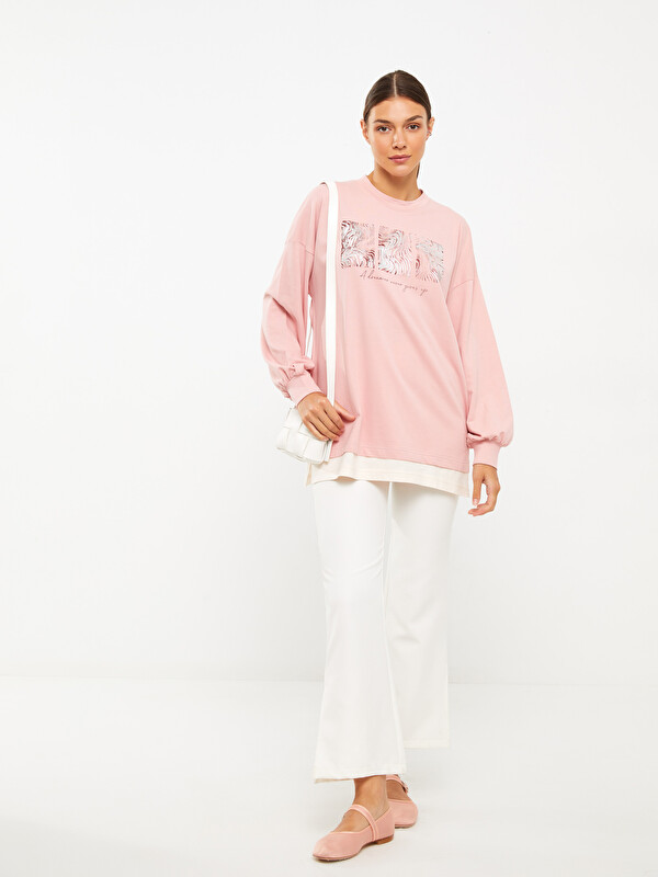 LCW Modest Crew Neck Printed Long Sleeve Oversize Cotton Women's Sweatshirt Tunic