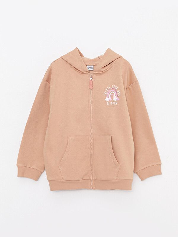 LCW Kids Hooded Printed Long Sleeve Girls' Zippered Sweatshirt