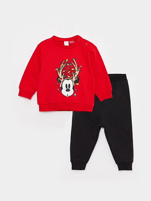 LCW baby Bisiklet Yaka Uzun Kollu Mickey Mouse Baskılı Erkek Bebek Sweatshirt ve Eşofman Alt 2'li Takım