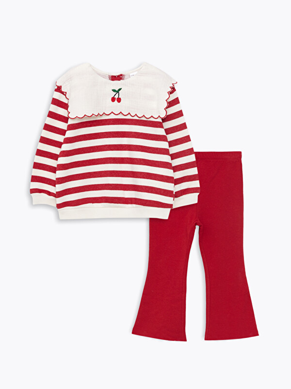 LCW baby Bisiklet Yaka Uzun Kollu Çizgili Kız Bebek Sweatshirt ve Tayt 2'li Takım