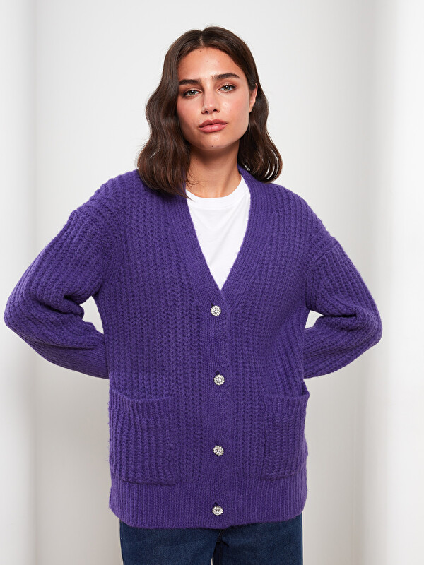 LCW Modest Mor V Yaka Oversize Kadın Triko Hırka - W2DG51Z8-Q11 | LCW