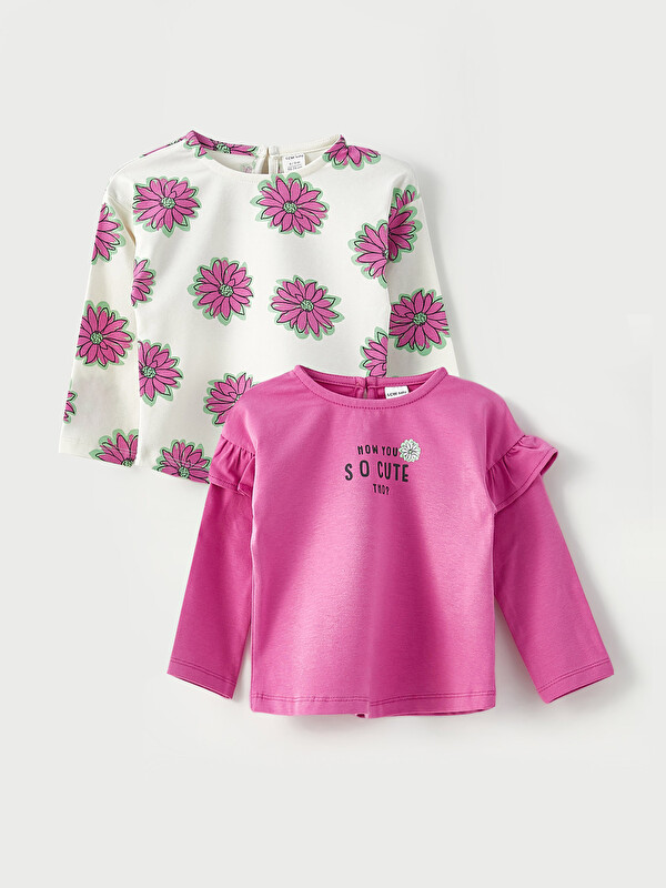 LCW baby Crew Neck Long Sleeve Printed Cotton Baby Girl Sweatshirt 2-Pack