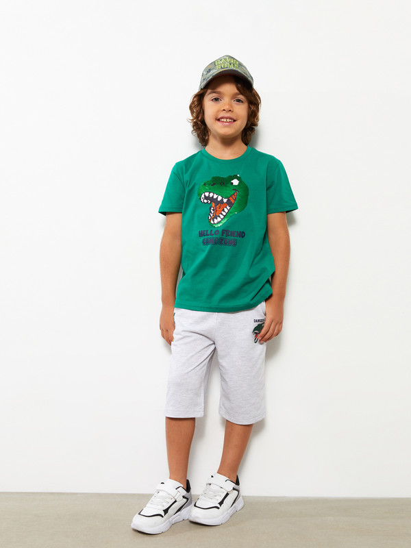 LCW Kids Crew Neck Printed Double Sided Sequined Short Sleeve Cotton Boy T-Shirt