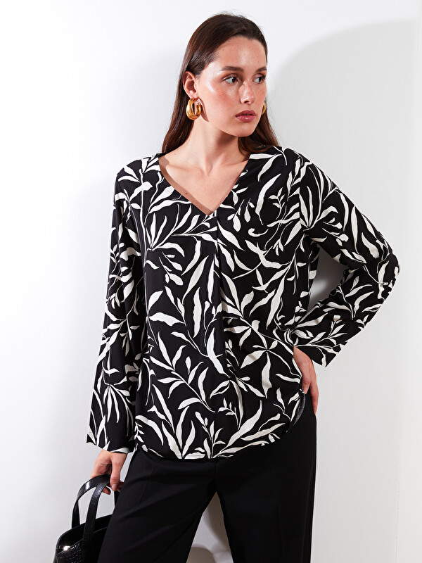 LCWAIKIKI Classic Blouse Femme à Manches Longues en Viscose à Motifs avec Encolure en V