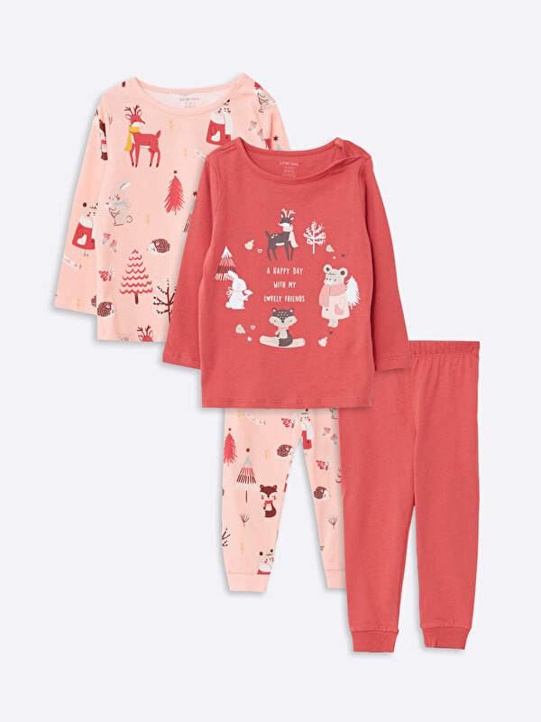 LCW baby Crew Neck Printed Baby Girls 2 Pack Pyjama Set