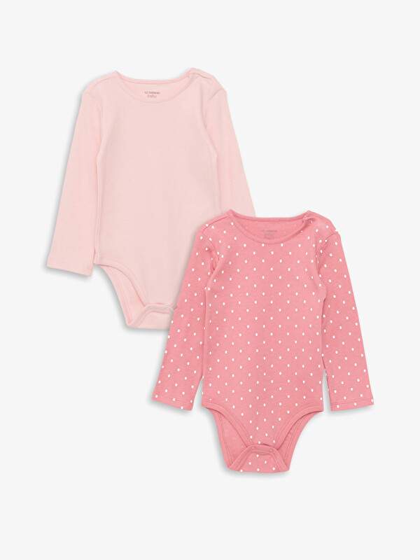 LCW baby Crew Neck Long Sleeve Printed Baby Girl Bodysuit with Snap Crotch 2-Pack