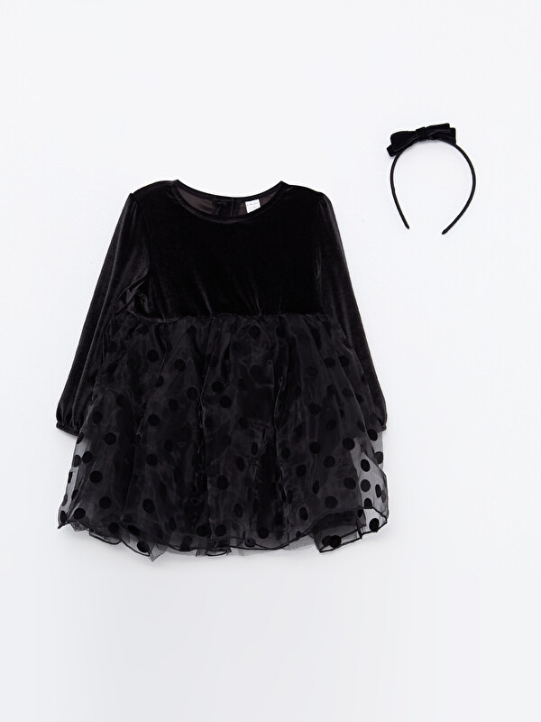 LCW baby Crew Neck Long Sleeve Baby Girl Dress and Crown 2 Piece Set