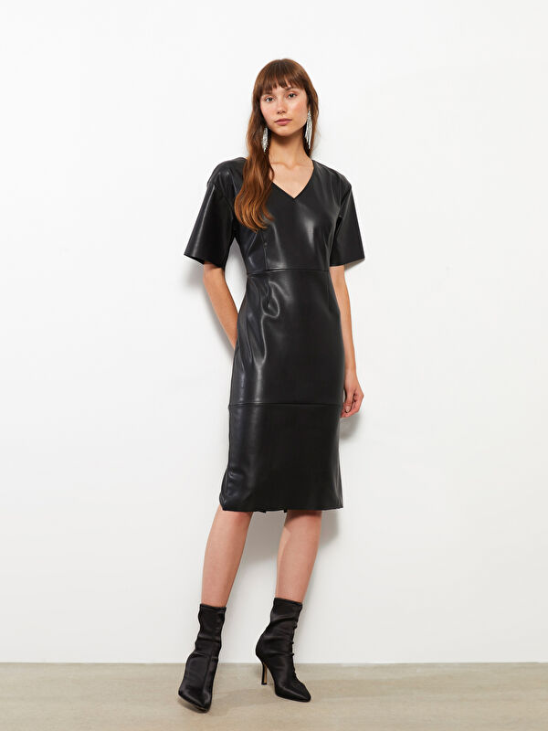 LCW Vision V-Neck Straight Short Sleeve Leather Look Women's Dress