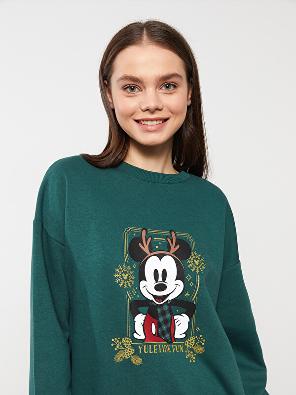 LCW Modest Crew Neck Mickey Mouse Printed Long Sleeve Oversize Women's Sweatshirt Tunic