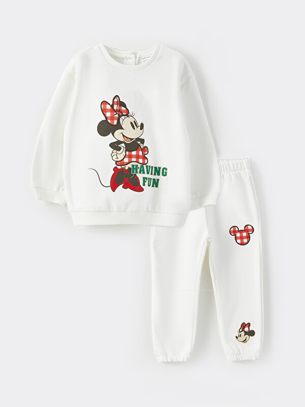 LCW baby Bisiklet Yaka Uzun Kollu Minnie Mouse Baskılı Kız Bebek Sweatshirt ve Eşofman Alt 2'li Takım