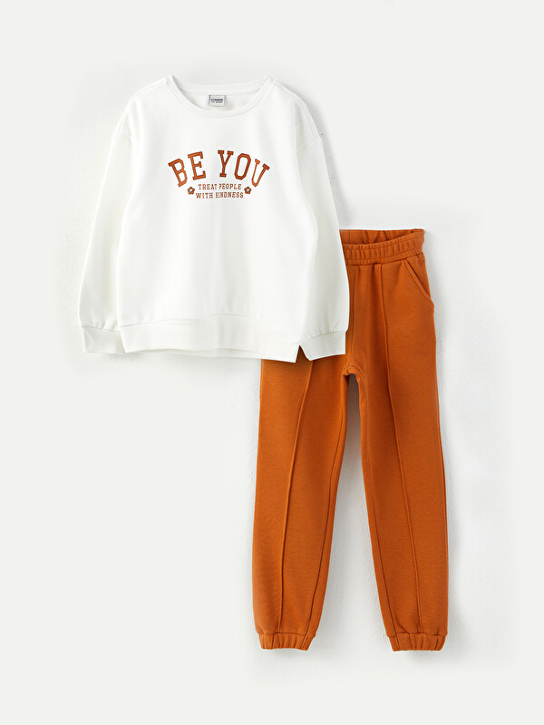 LCW Kids Crew Neck Printed Long Sleeve Girls' Sweatshirt and Sweatpants