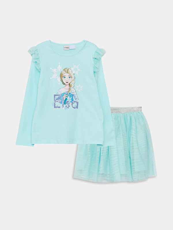 LCW Kids Crew Neck Elsa Printed Long Sleeve Girl's T-Shirt and Skirt