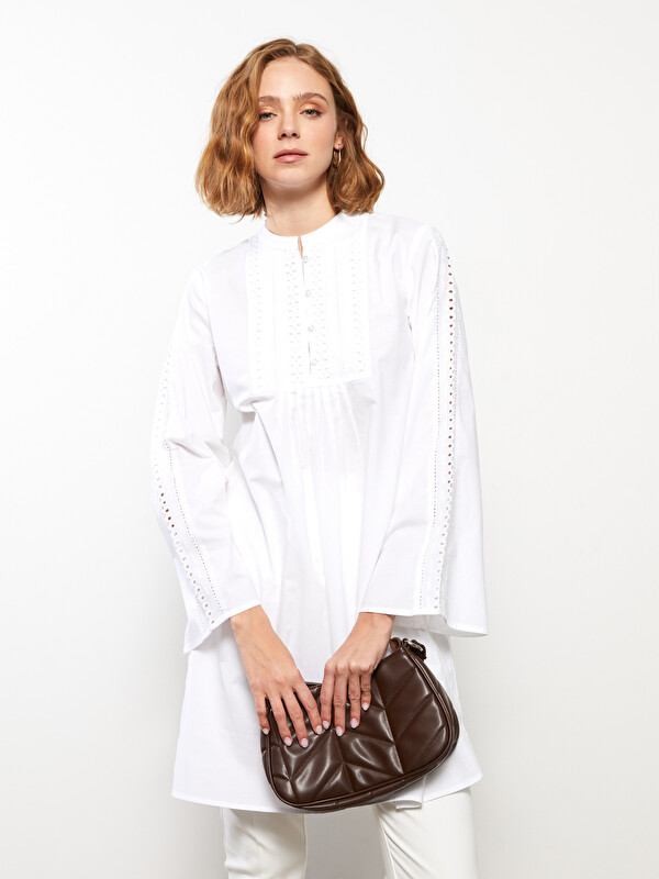 LCW Modest Grandad Collar Embroidered Long Sleeve Women's Tunic