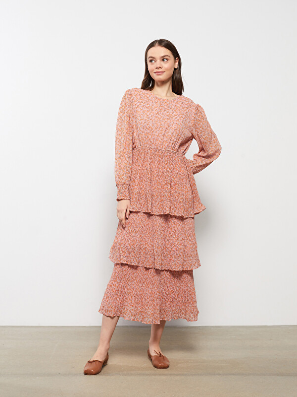 LCW Modest Robe à Col Rond Florale à Manches Longues pour Femmes