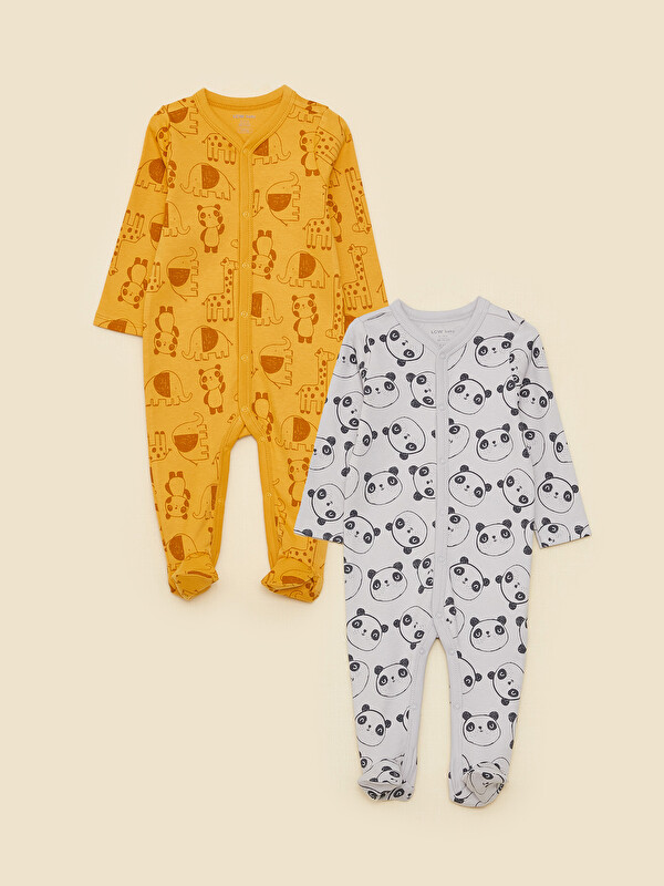 LCW baby V Neck Long Sleeve Printed Baby Boy Jumpsuit 2-Pack