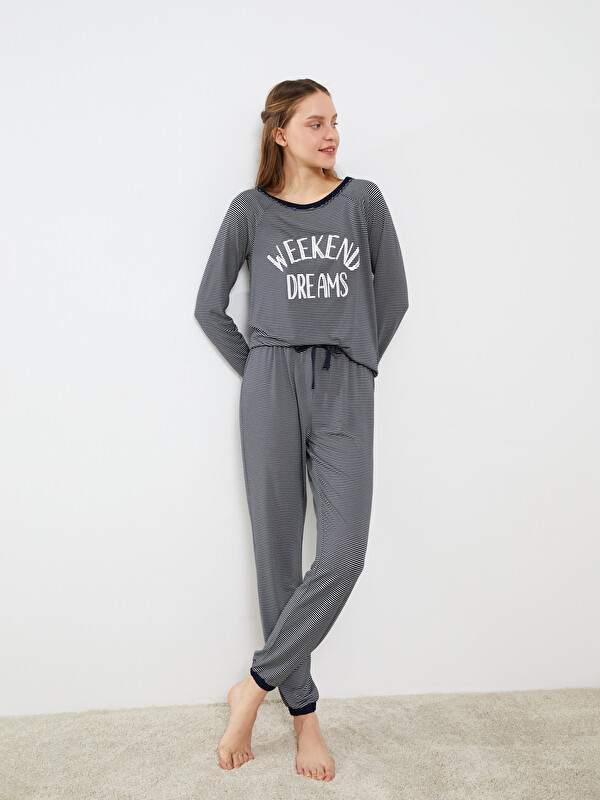 LCW DREAM Bisiklet Yaka Çizgili Uzun Kollu Kadın Pijama Takımı
