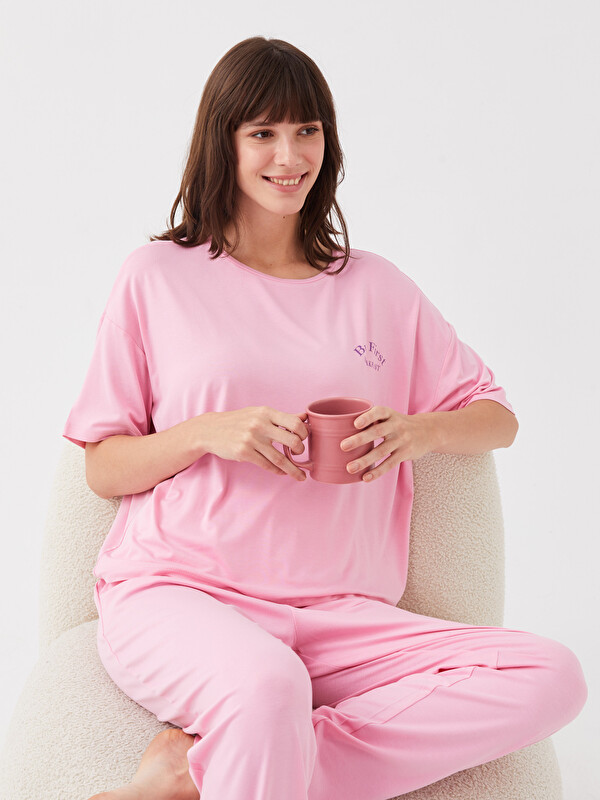 LCW DREAM Bisiklet Yaka Baskılı Kısa Kollu Kadın Pijama Takımı