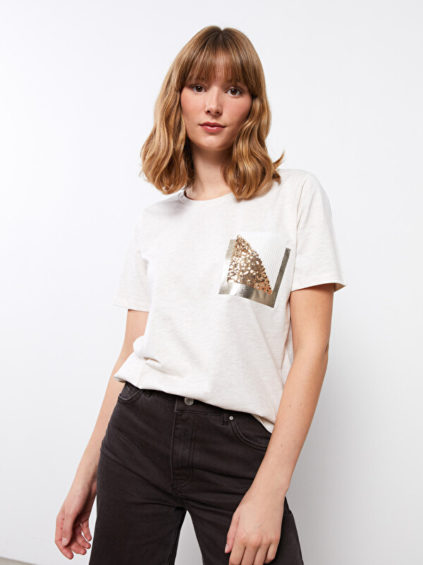 LCW EVERYDAY Crew Neck Sequins Embroidered Short Sleeve  Women's T-Shirt