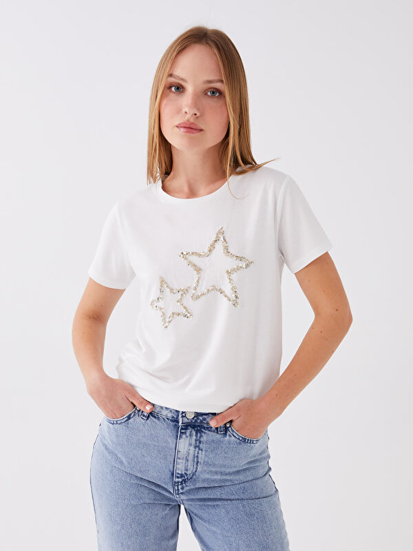 LCW EVERYDAY Crew Neck Sequined Short Sleeve Women's T-Shirt