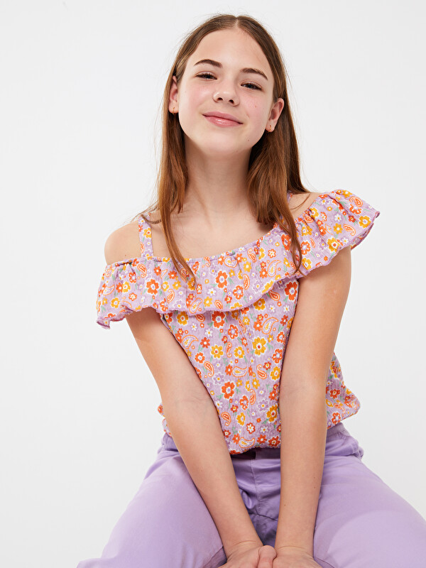 LCW Kids Шаршы жағалы принтті қысқа жеңді қыздарға арналған футболка