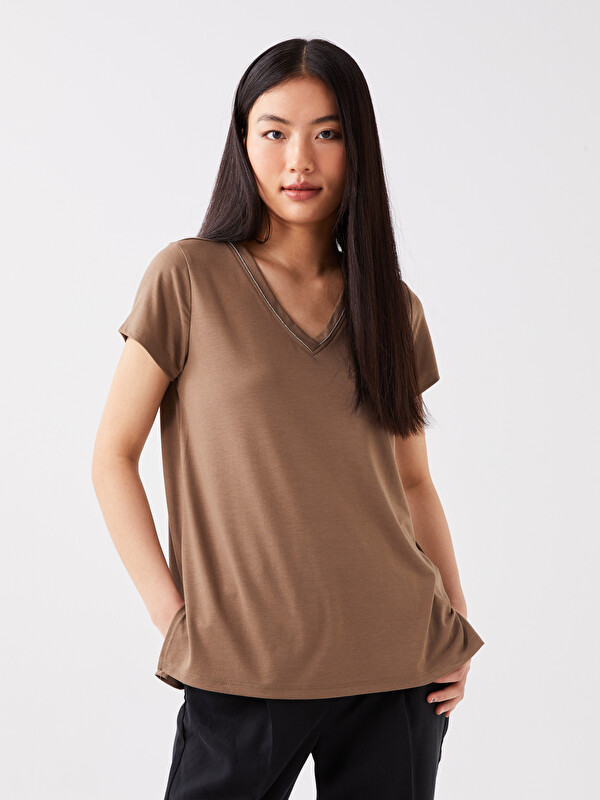 LCW EVERYDAY V-Neck Plain Short Sleeve Women's T-Shirt