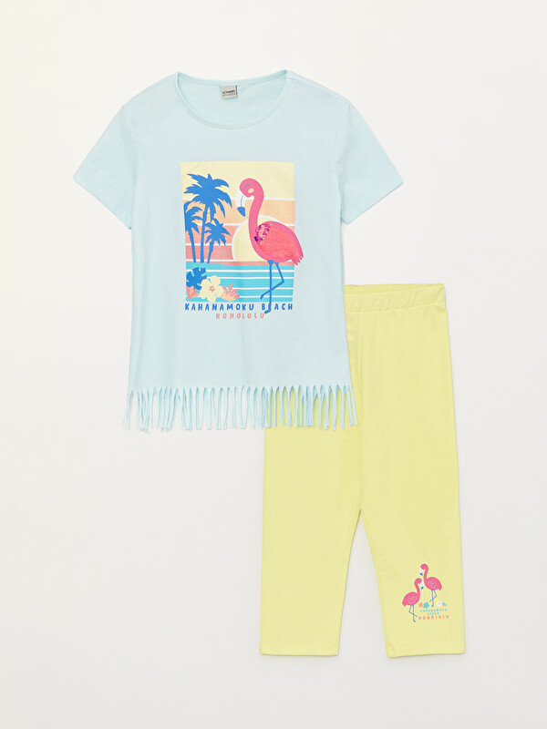 LCW Kids Crew Neck Printed Short Sleeve Girls' T-Shirt and Tights