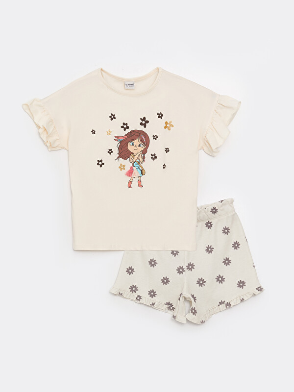 LCW Kids Crew Neck Printed Short Sleeve Girls' T-Shirt and Shorts