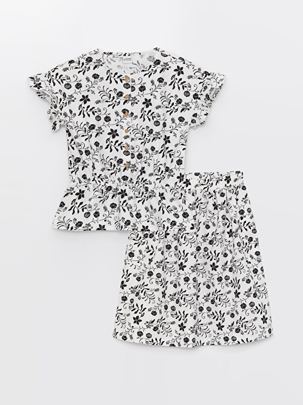 LCW Kids Blouse et Jupe Imprimées à Manches Courtes Col Rond pour Fille