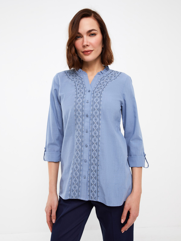 LCW Grace Chemise en Popeline à Manches Longues pour Femmes avec Col à Boucle Brodé