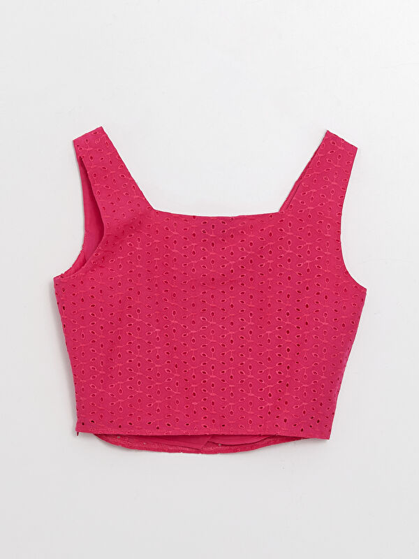 Pembe Kare Yaka Kendinden Desenli Brode Crop Kadın Bluz