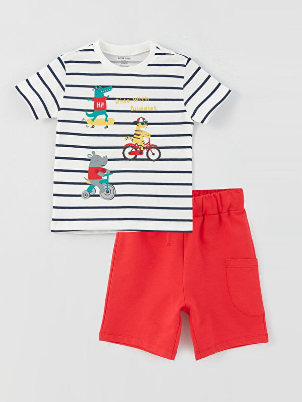 LCW baby Crew Neck Printed Short Sleeve Baby Boy T-Shirt and Shorts 2-Pack Set