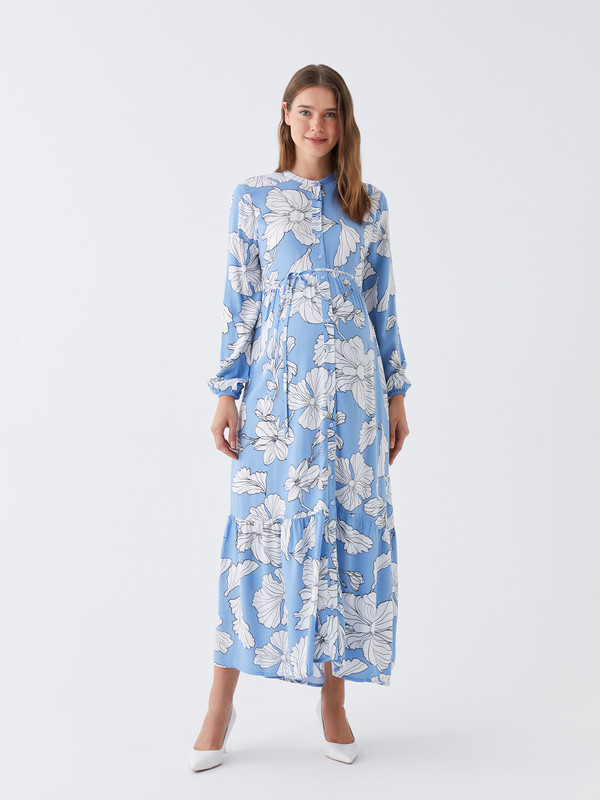 LCWAIKIKI Maternity Grandad Collar Floral Long Sleeve Maternity Dress