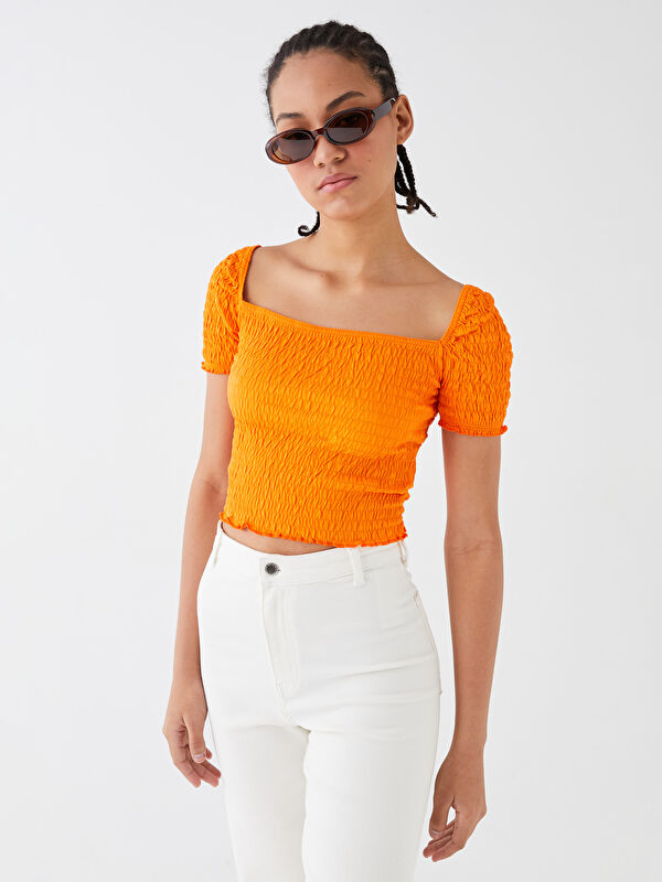 LCW Vision Square Collar Plain Short Sleeve Women's Crop Top