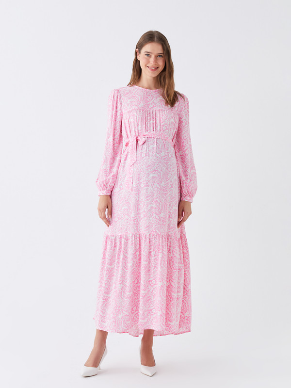 LCWAIKIKI Maternity Crew Neck Patterned Long Sleeve Maternity Dress