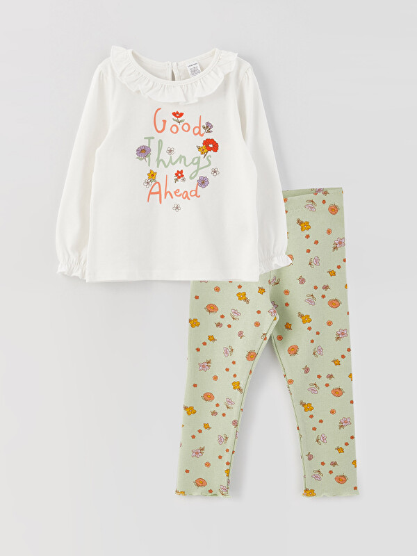 LCW baby Crew Neck Long Sleeve Printed Baby Girls' T-Shirt and Tights 2 Pack Set